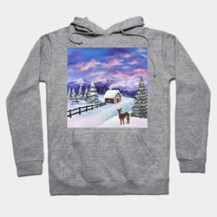 festive winter wonderland scenery mountain evergreen fawn deer Christmas snowy cabin Hoodie